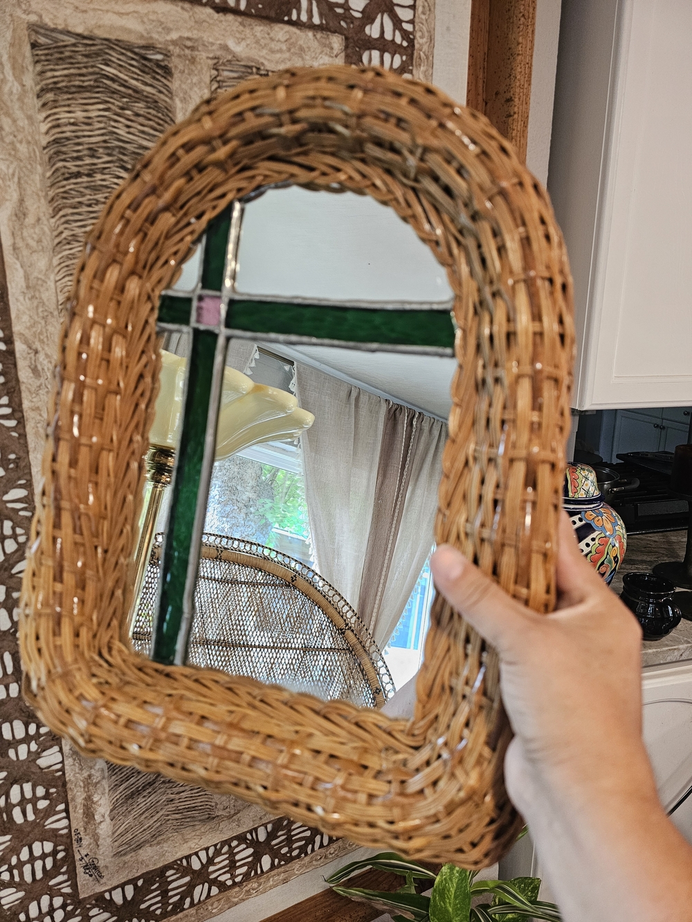 Woven Rattan Framed Mirror with Green Stained Glass Accent16"×12"